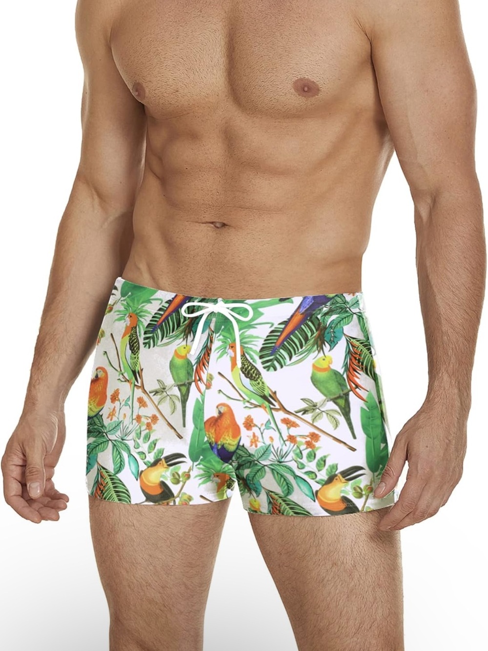 Coofandy Men's Tropical Parrot Print Swim Shorts - White/Green Size M